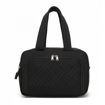 TOK2608 - Kono Travel Quilted Toiletry Bag – Water-Resistant, Wet/Dry Pocket, Large 180° Opening for Easy Access - Black
