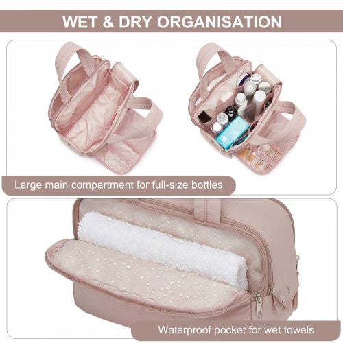 TOK2608 - Kono Travel Quilted Toiletry Bag – Water-Resistant, Wet/Dry Pocket, Large 180° Opening for Easy Access - Nude