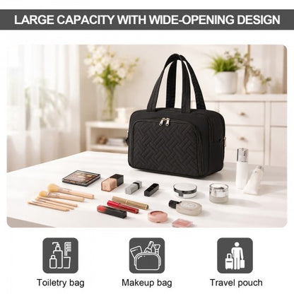 TOK2608 - Kono Travel Quilted Toiletry Bag – Water-Resistant, Wet/Dry Pocket, Large 180° Opening for Easy Access - Black