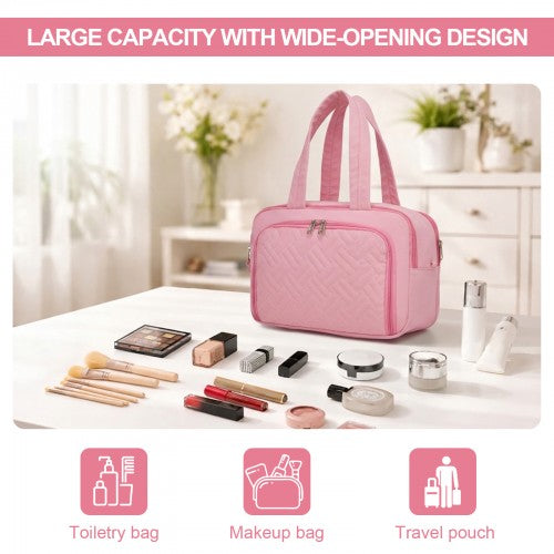 TOK2608 - Kono Travel Quilted Toiletry Bag – Water-Resistant, Wet/Dry Pocket, Large 180° Opening for Easy Access - Pink