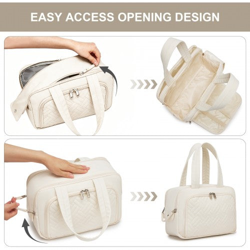TOK2608 - Kono Travel Quilted Toiletry Bag – Water-Resistant, Wet/Dry Pocket, Large 180° Opening for Easy Access - Beige