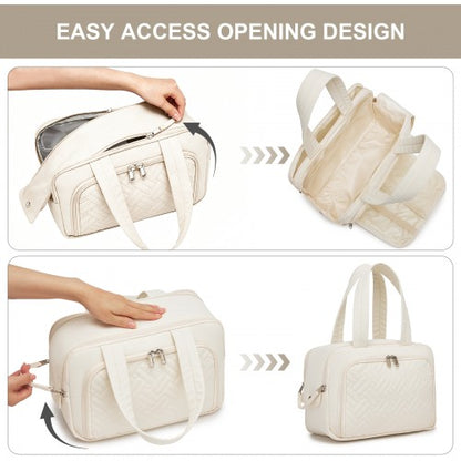 TOK2608 - Kono Travel Quilted Toiletry Bag – Water-Resistant, Wet/Dry Pocket, Large 180° Opening for Easy Access - Beige