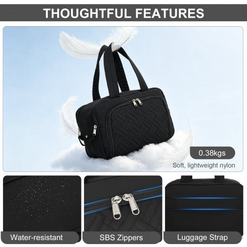 TOK2608 - Kono Travel Quilted Toiletry Bag – Water-Resistant, Wet/Dry Pocket, Large 180° Opening for Easy Access - Black
