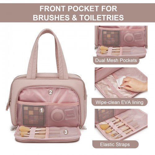 TOK2608 - Kono Travel Quilted Toiletry Bag – Water-Resistant, Wet/Dry Pocket, Large 180° Opening for Easy Access - Nude