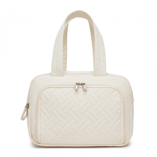 TOK2608 - Kono Travel Quilted Toiletry Bag – Water-Resistant, Wet/Dry Pocket, Large 180° Opening for Easy Access - Beige
