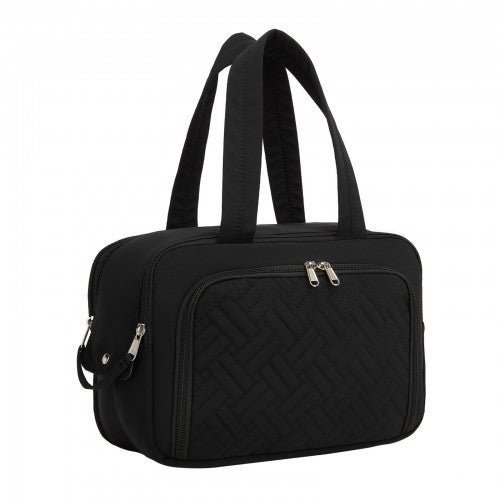 TOK2608 - Kono Travel Quilted Toiletry Bag – Water-Resistant, Wet/Dry Pocket, Large 180° Opening for Easy Access - Black