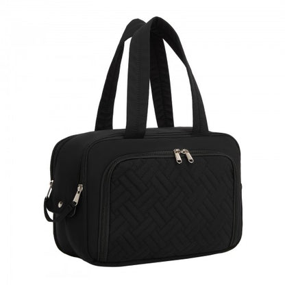 TOK2608 - Kono Travel Quilted Toiletry Bag – Water-Resistant, Wet/Dry Pocket, Large 180° Opening for Easy Access - Black
