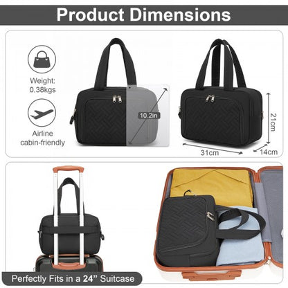 TOK2608 - Kono Travel Quilted Toiletry Bag – Water-Resistant, Wet/Dry Pocket, Large 180° Opening for Easy Access - Black