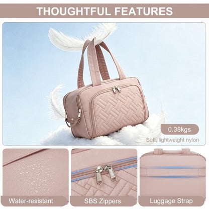 TOK2608 - Kono Travel Quilted Toiletry Bag – Water-Resistant, Wet/Dry Pocket, Large 180° Opening for Easy Access - Nude