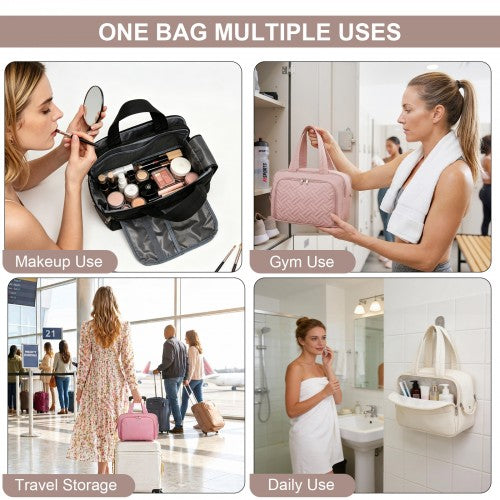 TOK2608 - Kono Travel Quilted Toiletry Bag – Water-Resistant, Wet/Dry Pocket, Large 180° Opening for Easy Access - Nude
