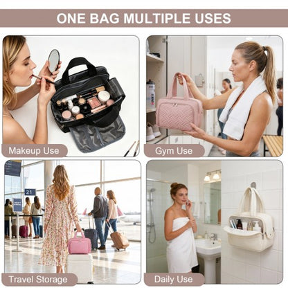 TOK2608 - Kono Travel Quilted Toiletry Bag – Water-Resistant, Wet/Dry Pocket, Large 180° Opening for Easy Access - Nude