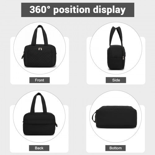 TOK2608 - Kono Travel Quilted Toiletry Bag – Water-Resistant, Wet/Dry Pocket, Large 180° Opening for Easy Access - Black