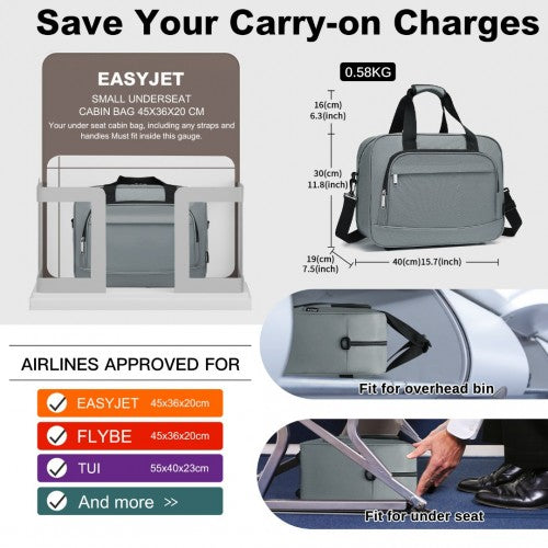 TVK2456 - Kono Water-Resistant Carry-On Cabin Bag with Laptop Compartment for Business Weekend & Daily Use - Grey
