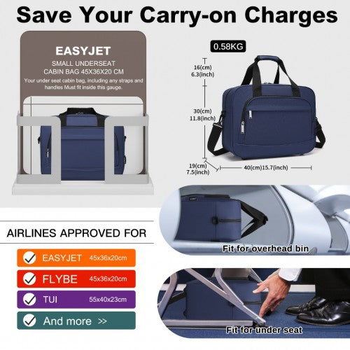 TVK2456 - Kono Water-Resistant Carry-On Cabin Bag with Laptop Compartment for Business Weekend & Daily Use - Navy