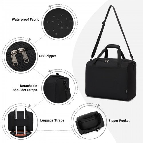 TVK2526 - Kono Spacious Airline-Approved Cabin Travel Duffel (40×30×20 cm) - Roomy Weekender with U-Zip Opening - Black