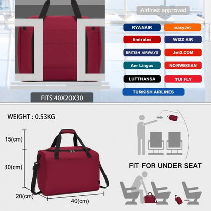 TVK2526 - Kono Spacious Airline-Approved Cabin Travel Duffel (40×30×20 cm) - Roomy Weekender with U-Zip Opening - Burgundy