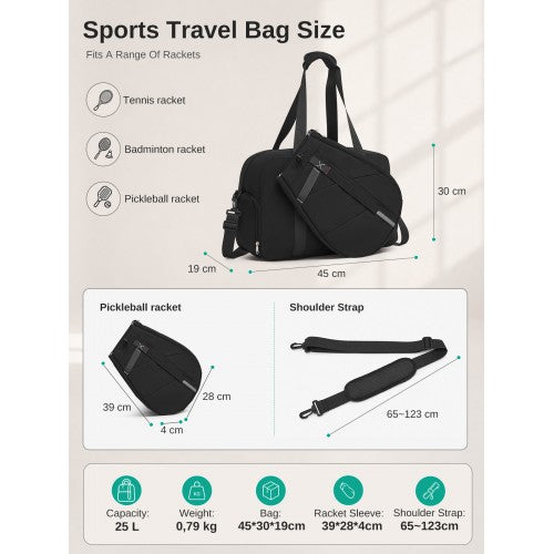 TVK2627 - Kono 25L Unisex Modular Tennis Travel Bag Set, Water Repellent Nylon Gym Bag with Detachable Racket Sleeve