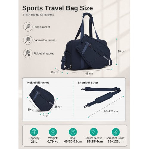 TVK2627 - Kono 25L Unisex Modular Tennis Travel Bag Set, Water Repellent Nylon Gym Bag with Detachable Racket Sleeve