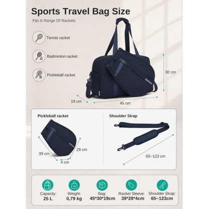 TVK2627 - Kono 25L Unisex Modular Tennis Travel Bag Set, Water Repellent Nylon Gym Bag with Detachable Racket Sleeve