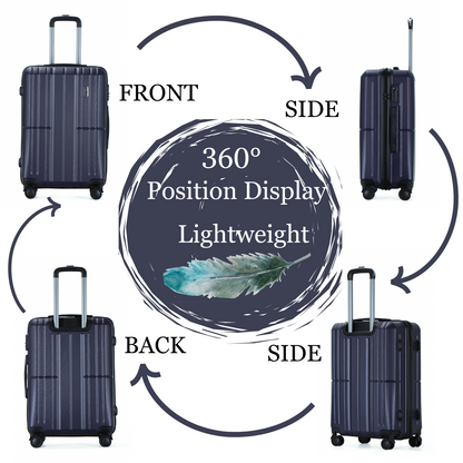 Easy Luggage Tabby Ribbed 3 Piece Hard Shell Suitcase 360° Spinner Wheels Navy Blue