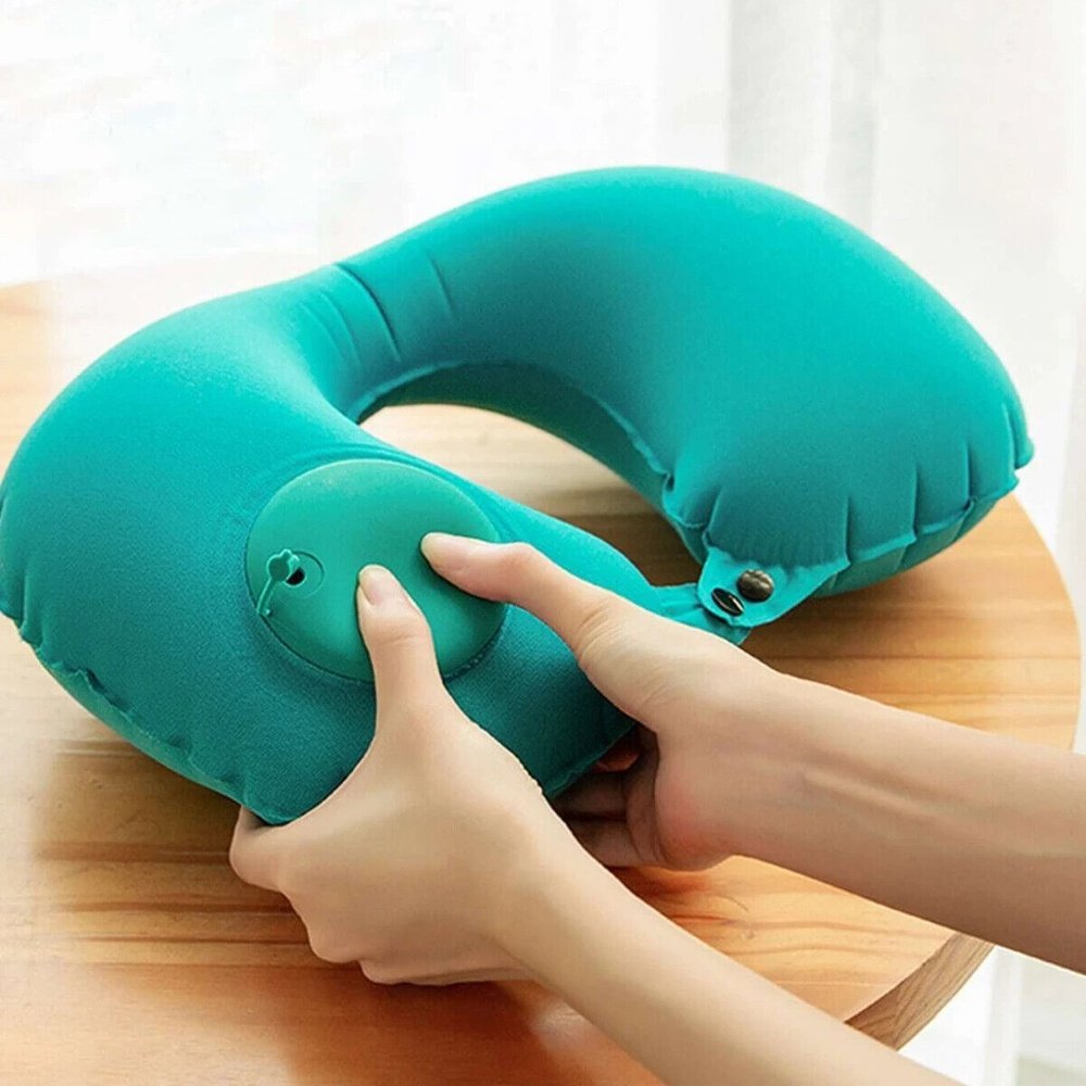 Easy Luggage Travel Neck Pillow - Inflatable Head Rest Cushion with sqeeze inflation- TEAL