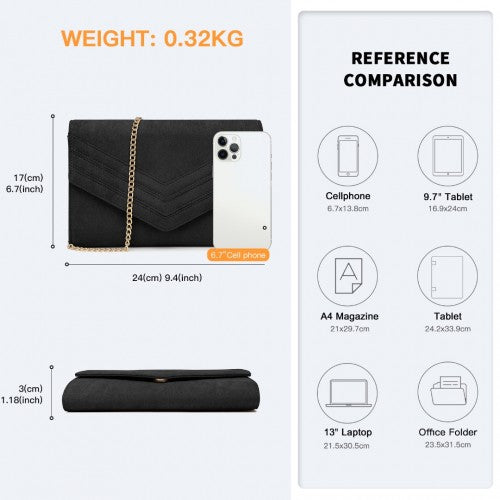 WTM2432 - Miss Lulu Luxurious Envelope-Style Evening Clutch with Elegant Detachable Metal Chain Strap - Black