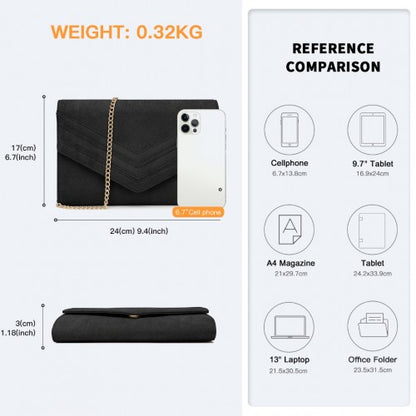WTM2432 - Miss Lulu Luxurious Envelope-Style Evening Clutch with Elegant Detachable Metal Chain Strap - Black