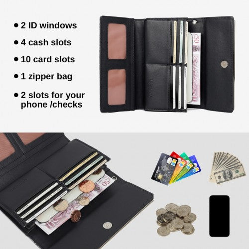 WTM2448 - Miss Lulu Elegant Women's Long Purse with Detachable Wrist Strap And Multi-Card Organizer - Black