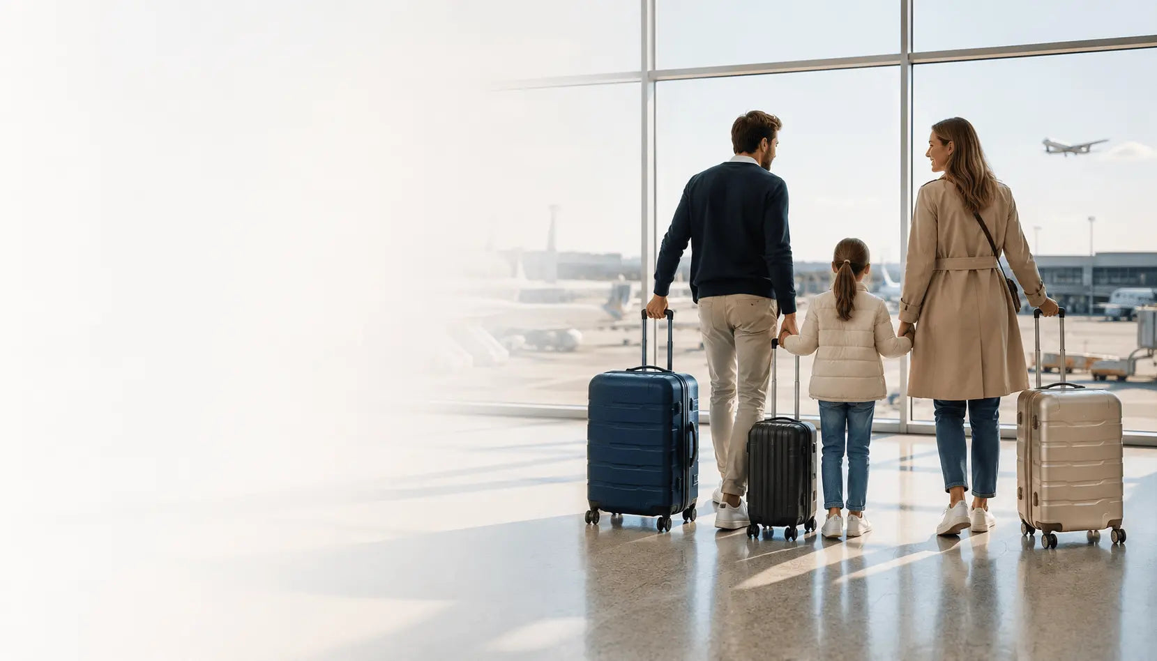 A family of four with four suitcases stands in an airport terminal, looking out the large window. The father wears a navy sweater and khaki pants, the mother wears a beige trench coat and jeans, and the child wears a light pink jacket and blue jeans.