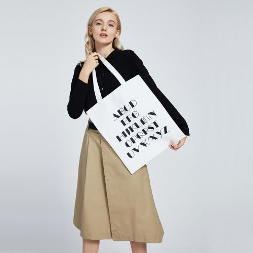E2006 - Kono Canvas Alphabet Shopper Tote Bag - Natural/White - Easy Luggage