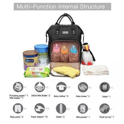 E6705 - Kono Wide Open Designed Baby Diaper Changing Backpack - Black - Easy Luggage