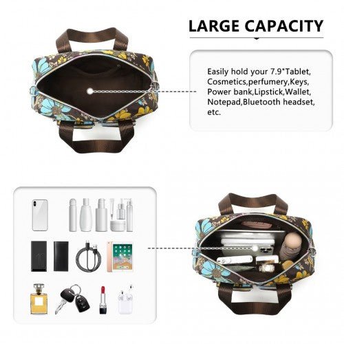 EB2351F - Kono Sleek Multi - Pocket Water - Resistant Crossbody Tote Bag With Flower Print - Brown - Easy Luggage