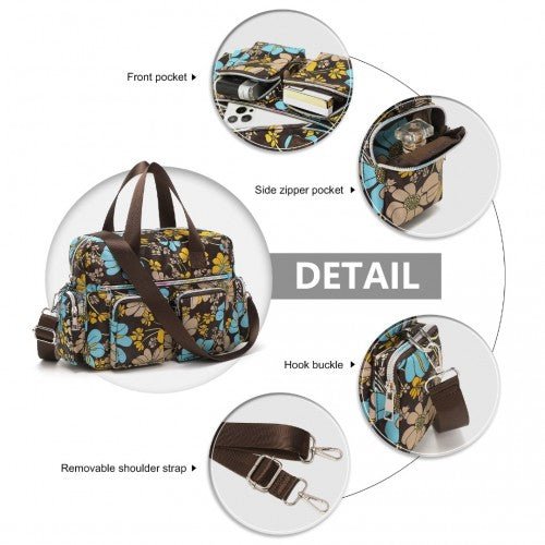 EB2351F - Kono Sleek Multi - Pocket Water - Resistant Crossbody Tote Bag With Flower Print - Brown - Easy Luggage
