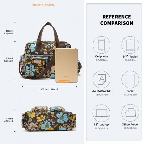 EB2351F - Kono Sleek Multi - Pocket Water - Resistant Crossbody Tote Bag With Flower Print - Brown - Easy Luggage