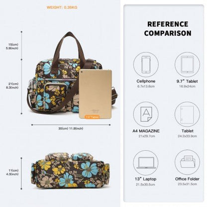 EB2351F - Kono Sleek Multi - Pocket Water - Resistant Crossbody Tote Bag With Flower Print - Brown - Easy Luggage
