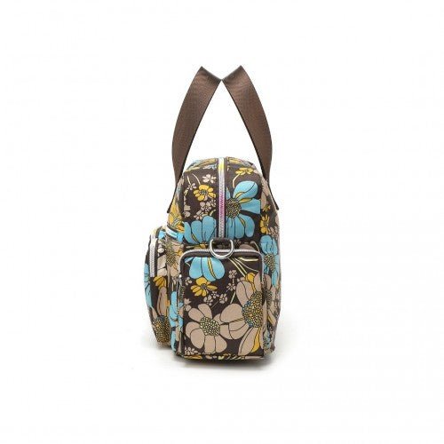 EB2351F - Kono Sleek Multi - Pocket Water - Resistant Crossbody Tote Bag With Flower Print - Brown - Easy Luggage