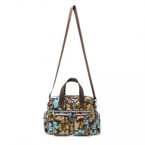 EB2351F - Kono Sleek Multi - Pocket Water - Resistant Crossbody Tote Bag With Flower Print - Brown - Easy Luggage