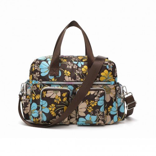 EB2351F - Kono Sleek Multi - Pocket Water - Resistant Crossbody Tote Bag With Flower Print - Brown - Easy Luggage
