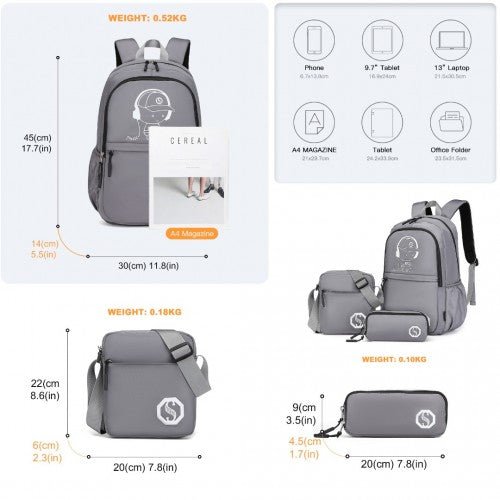 EB2363 - Kono Lightweight & Glow - in - the - Dark 3 - Piece Laptop Backpack Set with Crossbody Bag and Pencil Case - Grey - Easy Luggage