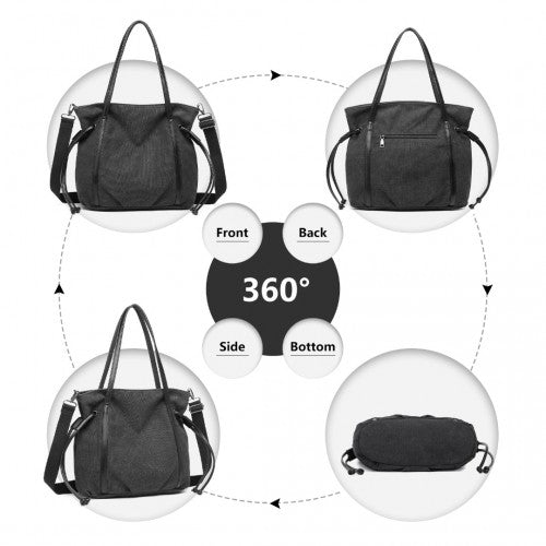 EH2220 - Kono Large Capacity Canvas And Leather Fusion Shoulder Tote Bag - Black - Easy Luggage