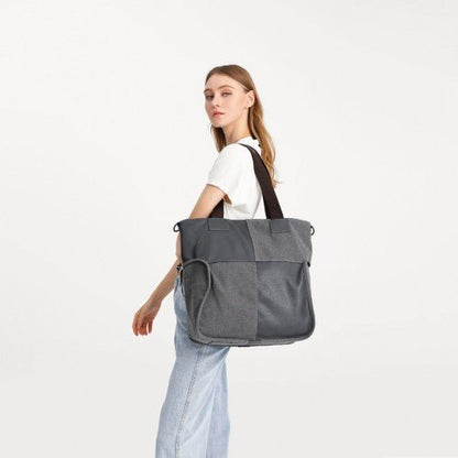 EH2221 - Kono Paneled Contrast Large Capacity Canvas Shoulder Bag - Grey - Easy Luggage
