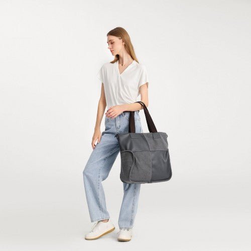EH2221 - Kono Paneled Contrast Large Capacity Canvas Shoulder Bag - Grey - Easy Luggage