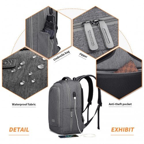 EM2111 - Kono Multi - Compartment Backpack with USB Port - Grey - Easy Luggage