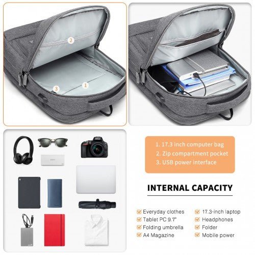 EM2111 - Kono Multi - Compartment Backpack with USB Port - Grey - Easy Luggage