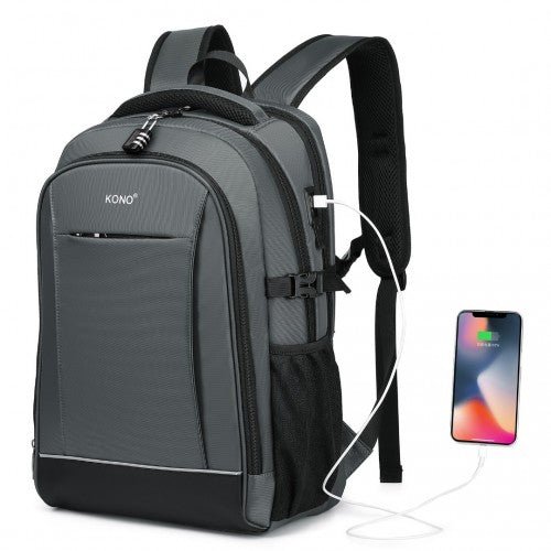 EM2130 - Kono Functional Travel Backpack With USB Charging Port - Grey - Easy Luggage