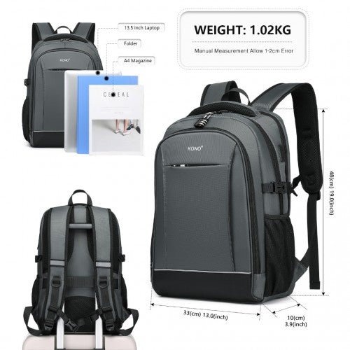 EM2130 - Kono Functional Travel Backpack With USB Charging Port - Grey - Easy Luggage