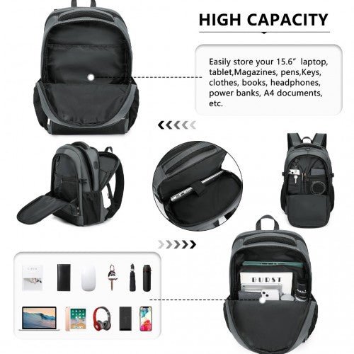 EM2130 - Kono Functional Travel Backpack With USB Charging Port - Grey - Easy Luggage