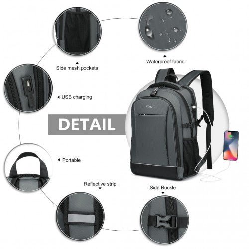 EM2130 - Kono Functional Travel Backpack With USB Charging Port - Grey - Easy Luggage