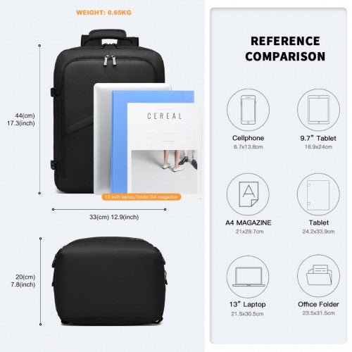 EM2231M - Kono Lightweight Cabin Bag Travel Business Backpack - Black - Easy Luggage