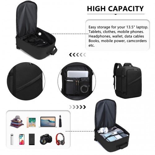 EM2231M - Kono Lightweight Cabin Bag Travel Business Backpack - Black - Easy Luggage